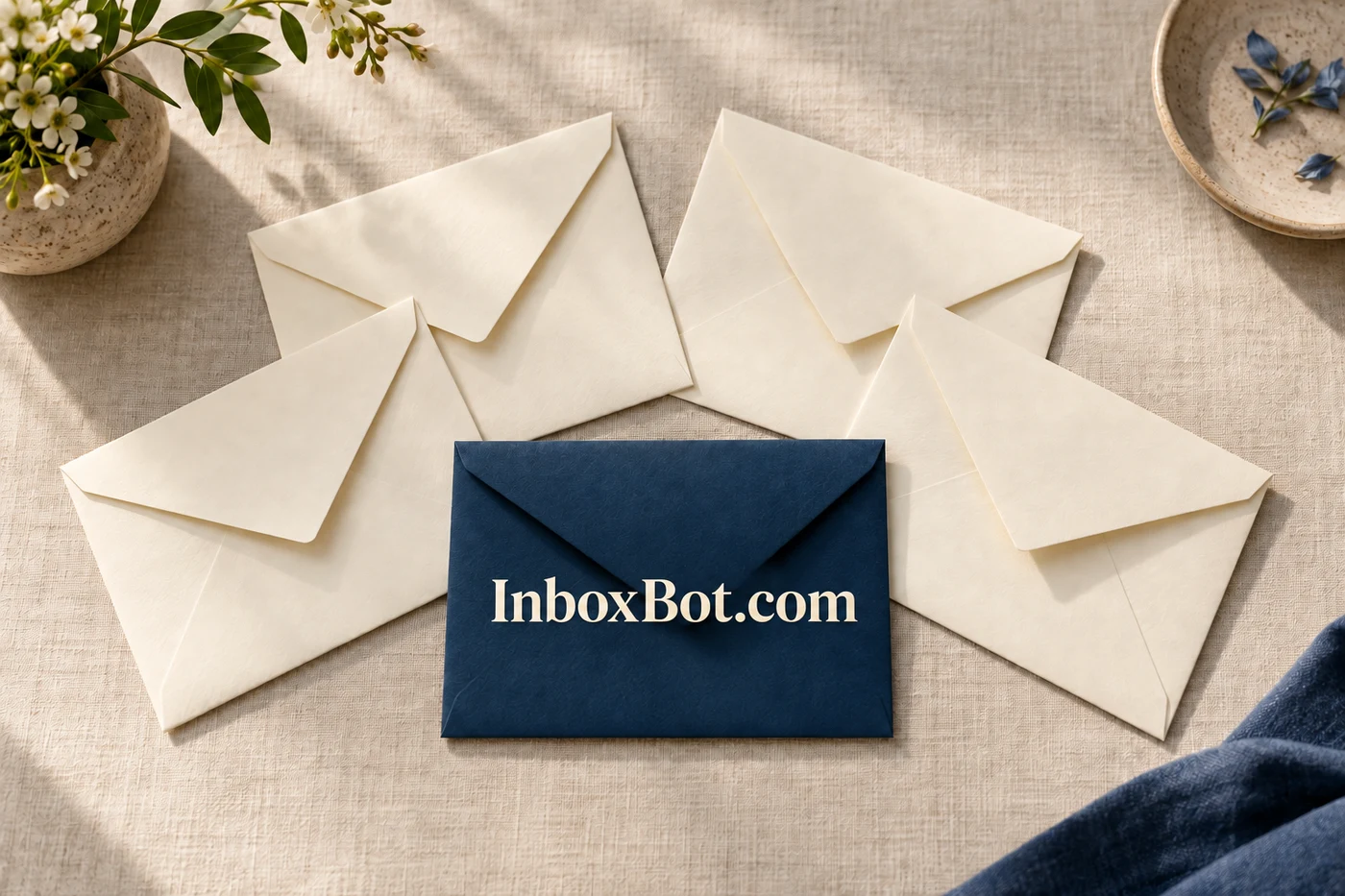 Four ivory envelopes arranged around a navy envelope on natural linen
